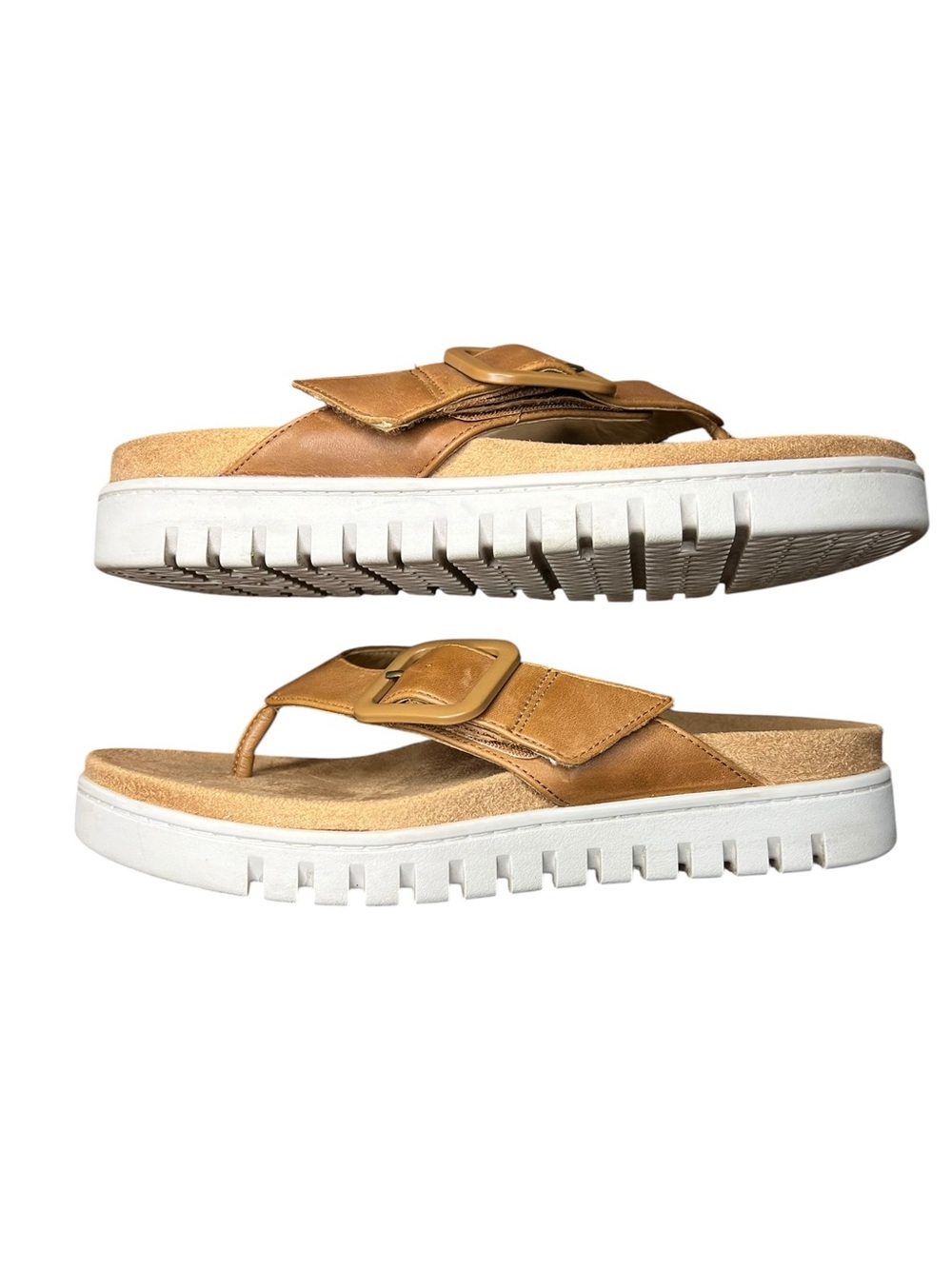 Vionic Uptown Marin Leather Buckle Thong Platform Sandals 7.5 Adjustable Casual